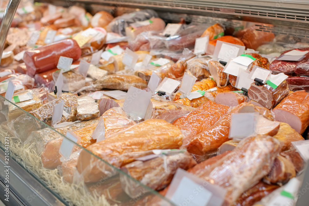 Fresh meat products in butcher shop