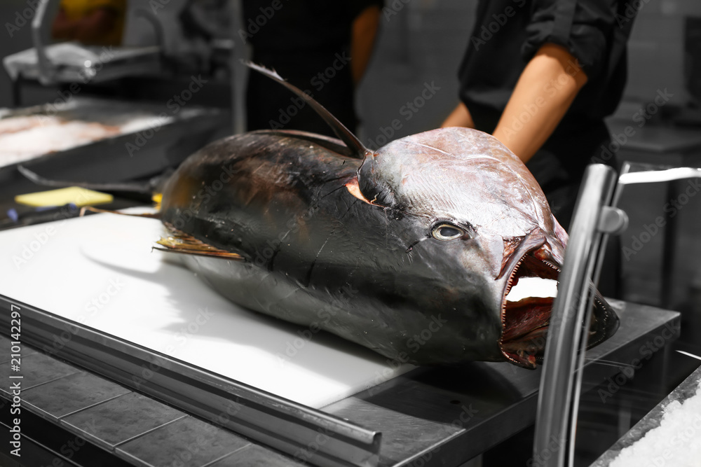 Fresh tuna on table in fish market