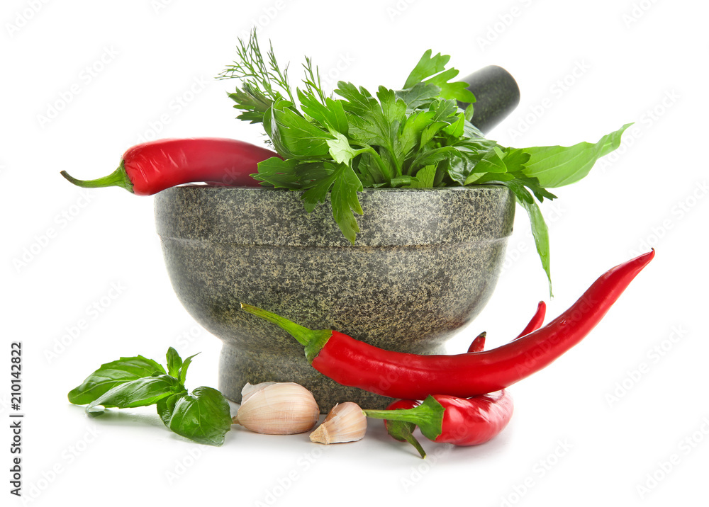 Composition with fresh spices on white background