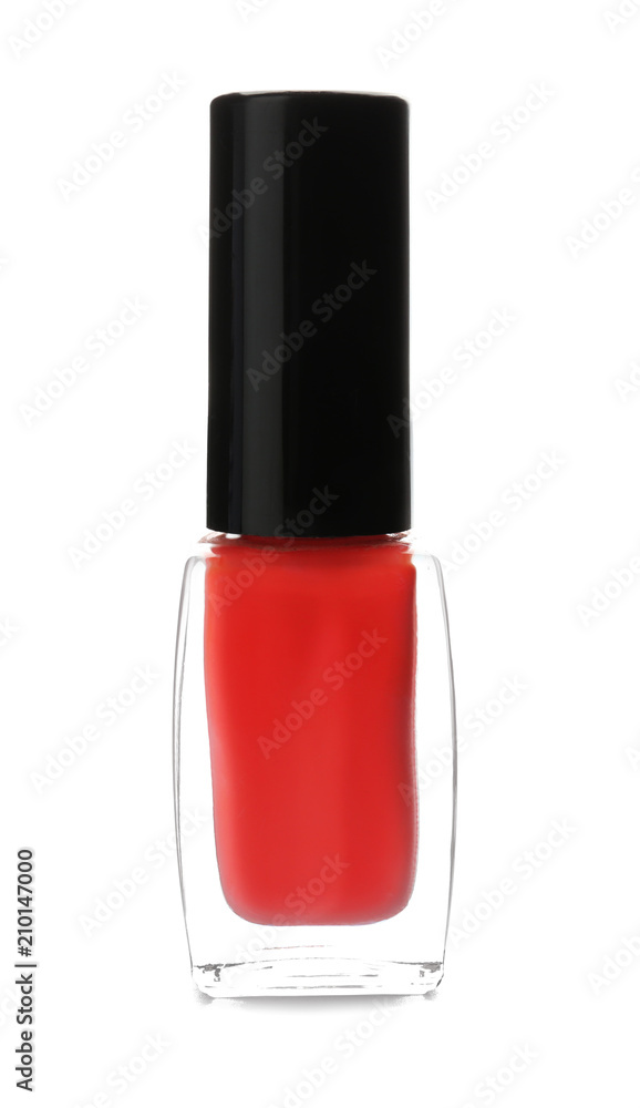 Glass bottle of nail polish on white background