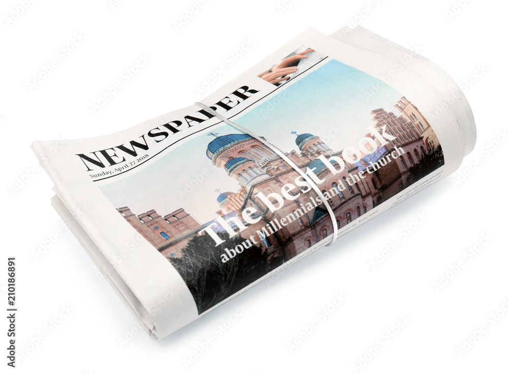 Folded newspapers on white background