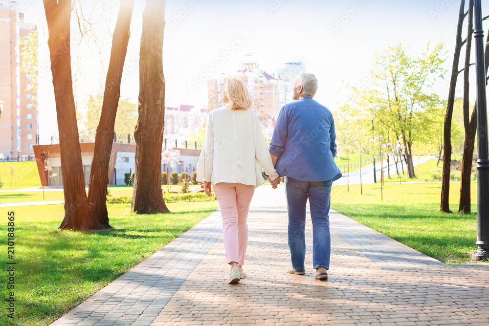 Mature couple walking in park on spring day