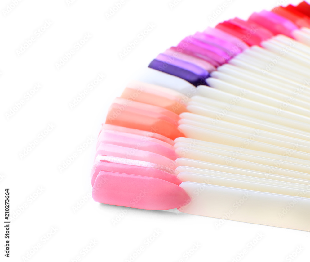 Colorful artificial nails on white background