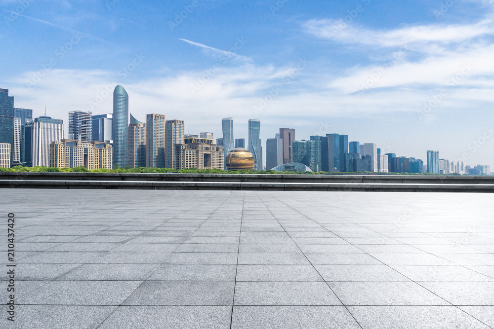 panoramic city skyline with empty square