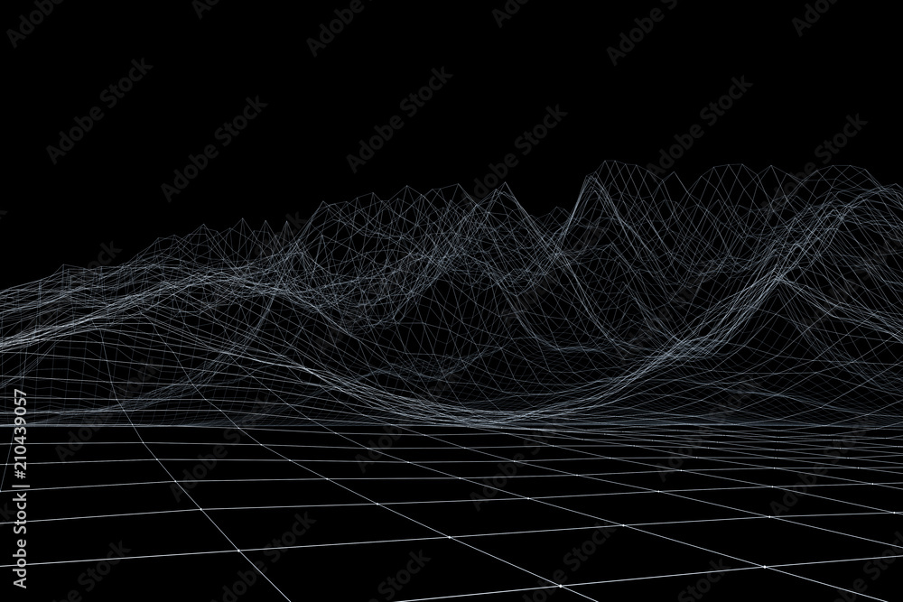 Wireframe polygonal landscape. Mountains with connected lines and dots