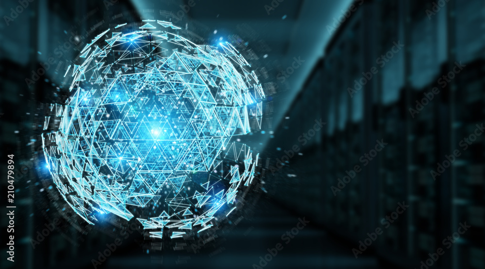 Digital triangle exploding sphere hologram 3D rendering