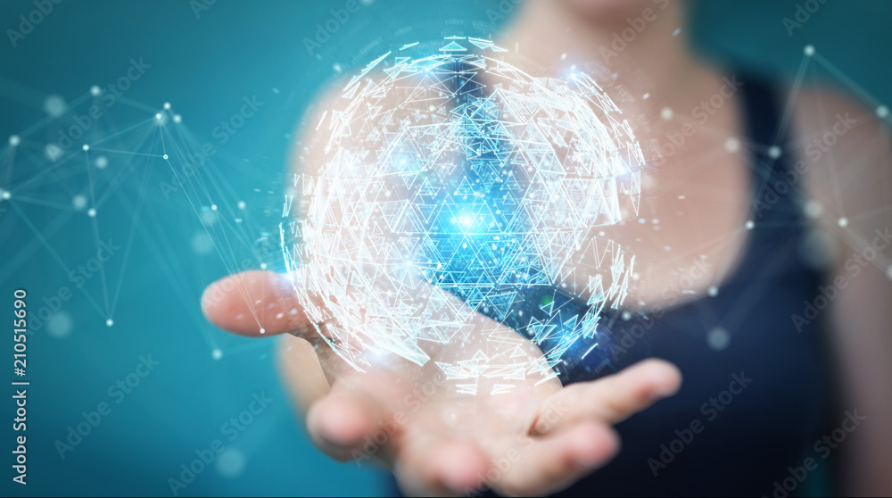 Businesswoman using digital triangle exploding sphere hologram 3D rendering