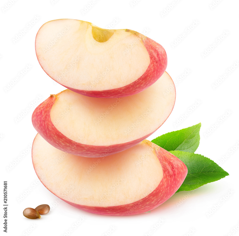 Isolated apple wedges. Three pieces of red apple fruit on top of each other isolated on white backgr