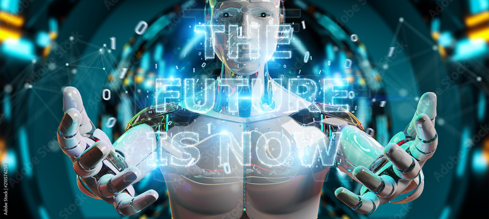 White cyborg using future decision text interface 3D rendering