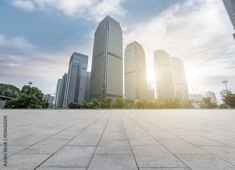 empty marble floor and cityscape of  in blue cloud sky