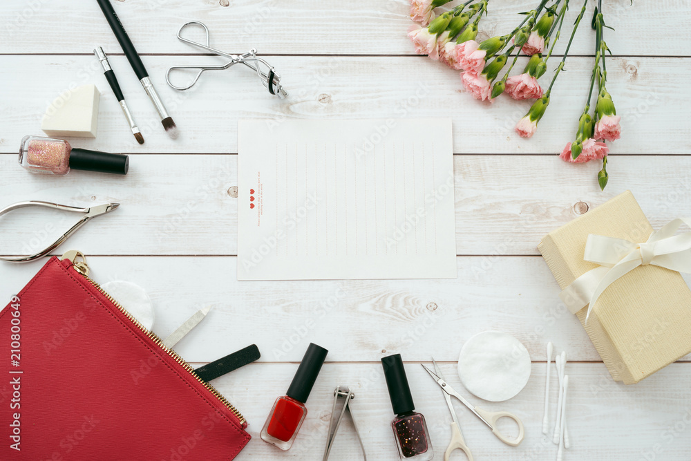 manicure set and frame red composition of nails tools. top view