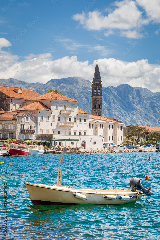 Historic town of Perast at Bay of Kotor in summer, Montenegro