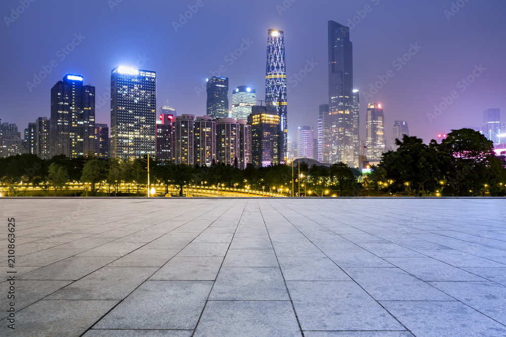 Urban skyscrapers with empty square floor tiles