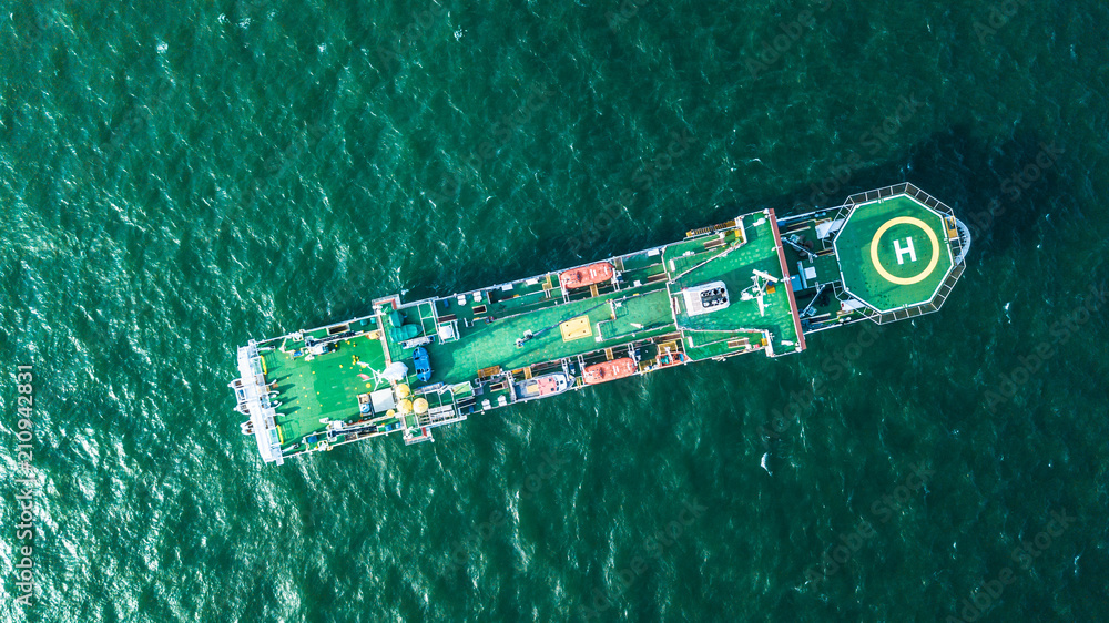 Cable laying ship anchored in Singapore, Aerial top view cable ship.