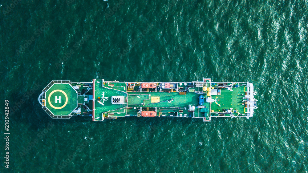 Cable laying ship anchored in Singapore, Aerial top view cable ship.