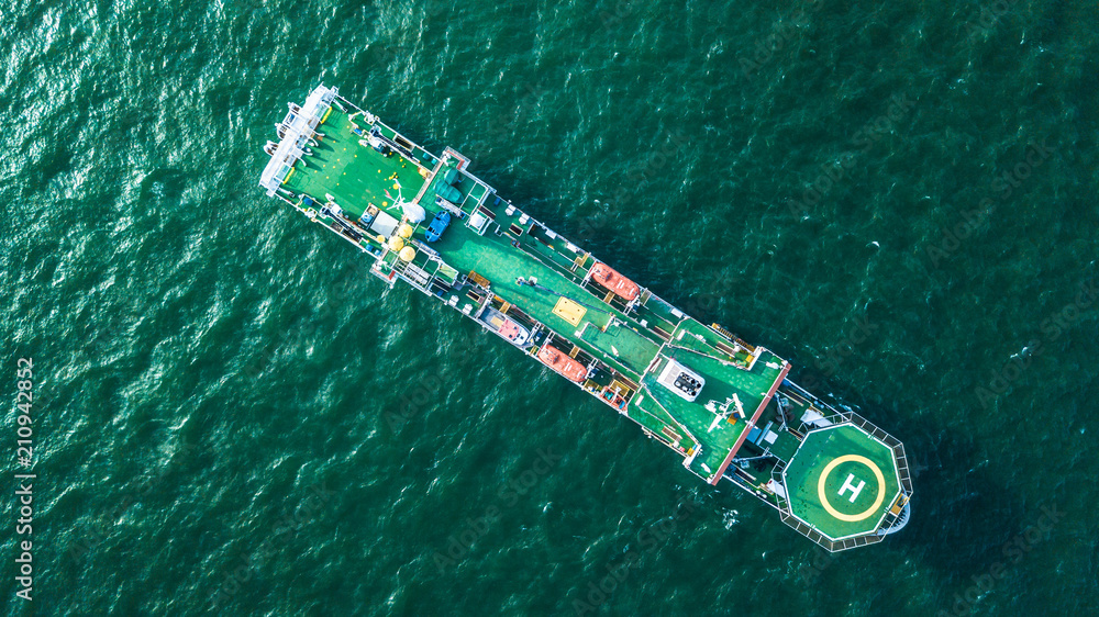 Cable laying ship anchored in Singapore, Aerial top view cable ship.