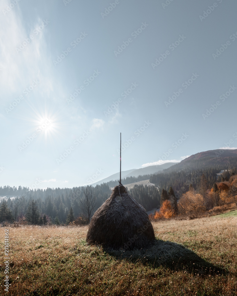 秋谷上令人惊叹的乡村景象。前景是绿草、蓝天和草垛。喀尔巴阡山