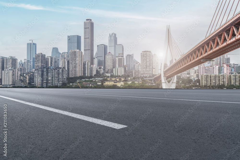 Air highway asphalt road and office building of commercial building in modern city