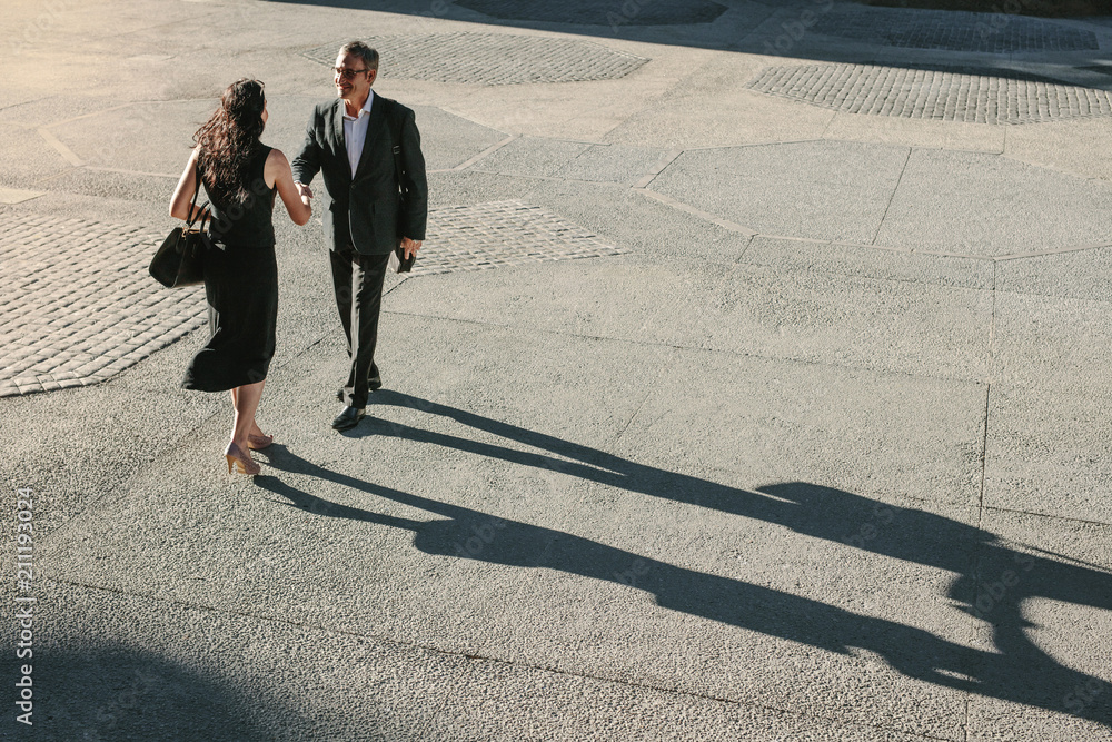 Business colleagues meeting each other on a street while commuti