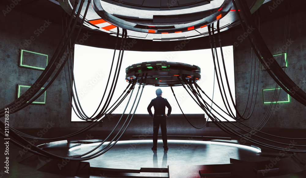 Businessman looking and thinking front of high technology control room with blank big screen   . Mix