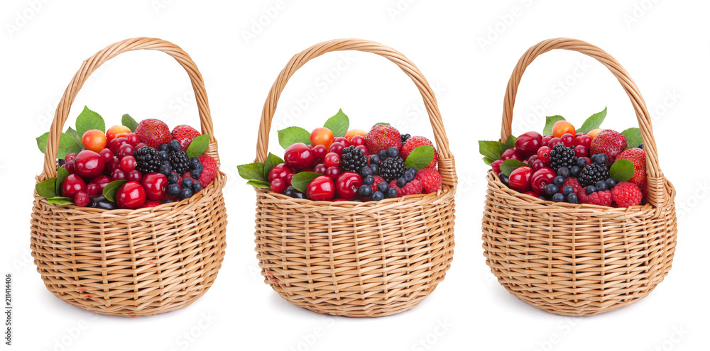 Fresh forest berries in basket isolated on white background with clipping path