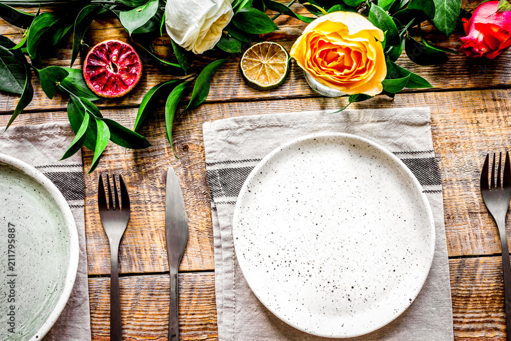 ceramic tableware top view on wooden background mock up