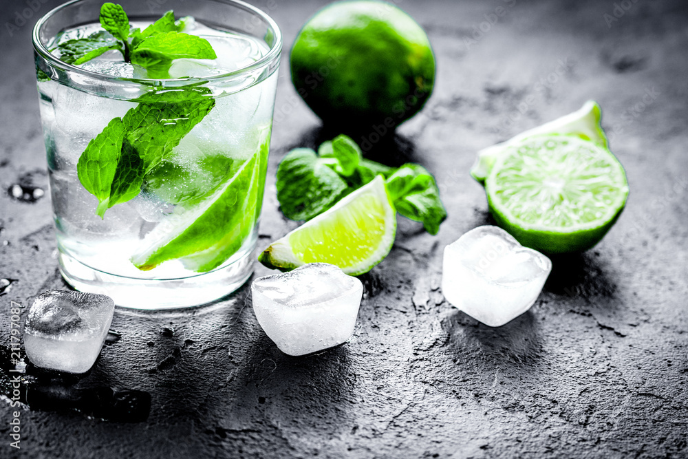 mojito in glass on dark background close up