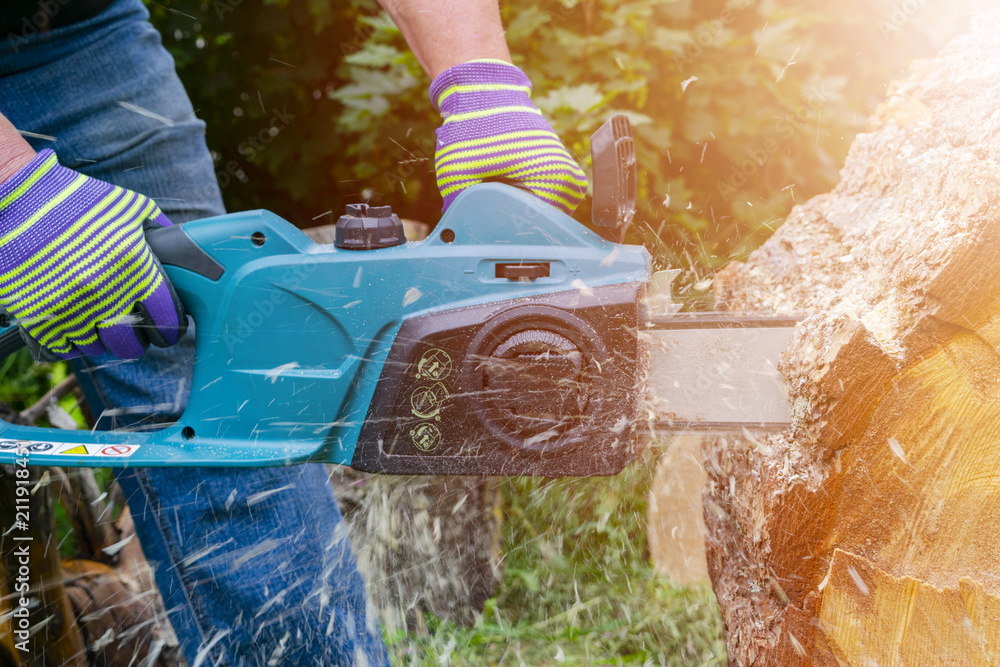 Chainsaw. Chainsaw in move cutting wood. Man cutting wood with saw. Dust and movements. Close-up of 