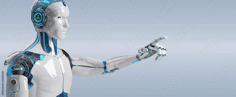 White male cyborg pointing his finger 3D rendering