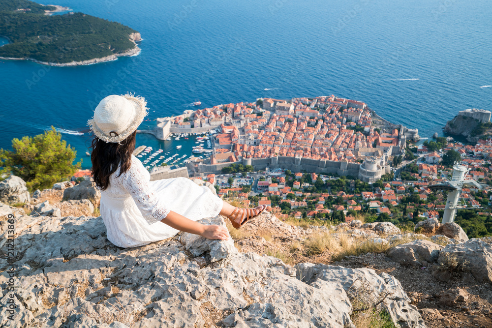 Traveller looking at view of Dubrovnik, Croatia