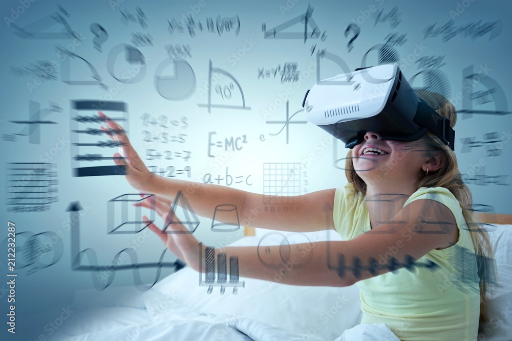 Composite image of girl wearing virtual reality simulator on bed