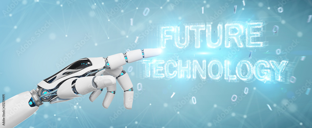 White robot hand using future technology text hologram 3D rendering