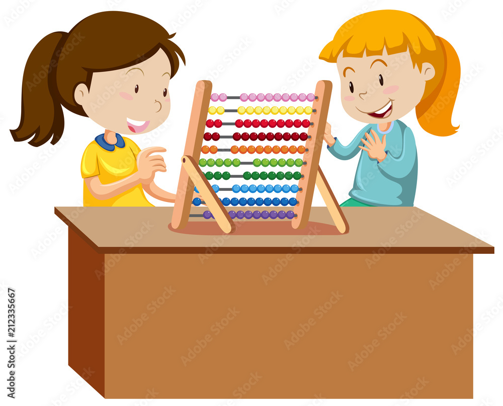 Two young girls playing with an abacus