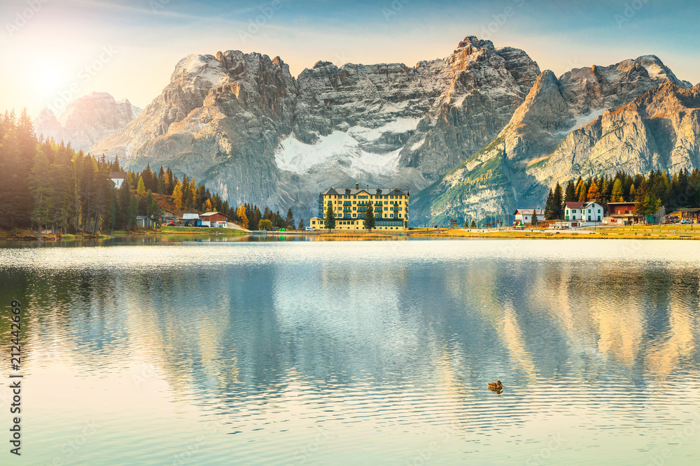 Majestic alpine lake in Dolomites mountains, Misurina lake, Italy, Europe