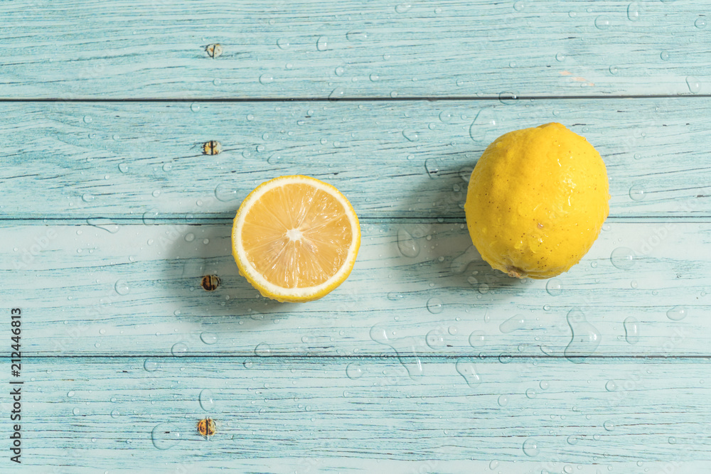 Lemon and cyan wood background