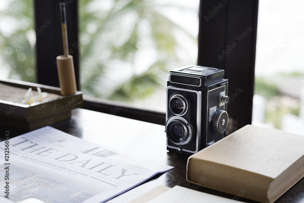 Vintage analog camera on a desk