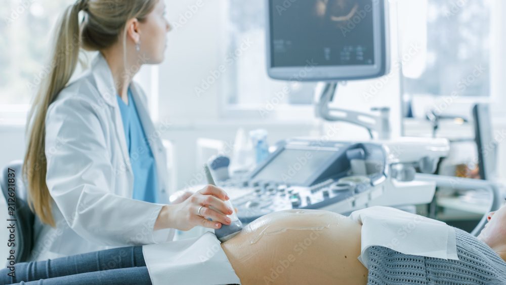 In the Hospital, Obstetrician Uses Transducer for Ultrasound/ Sonogram Screening / Scanning Belly of