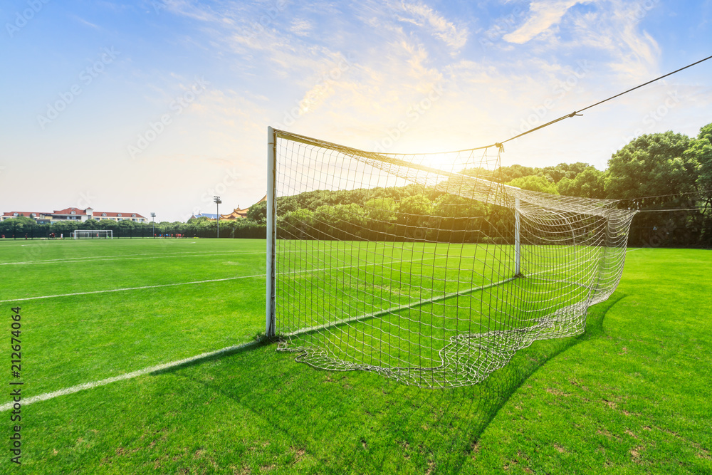 Green football field under blue sky background