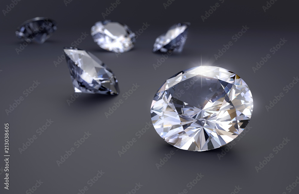 Realistic diamonds on black background, 3D illustration.