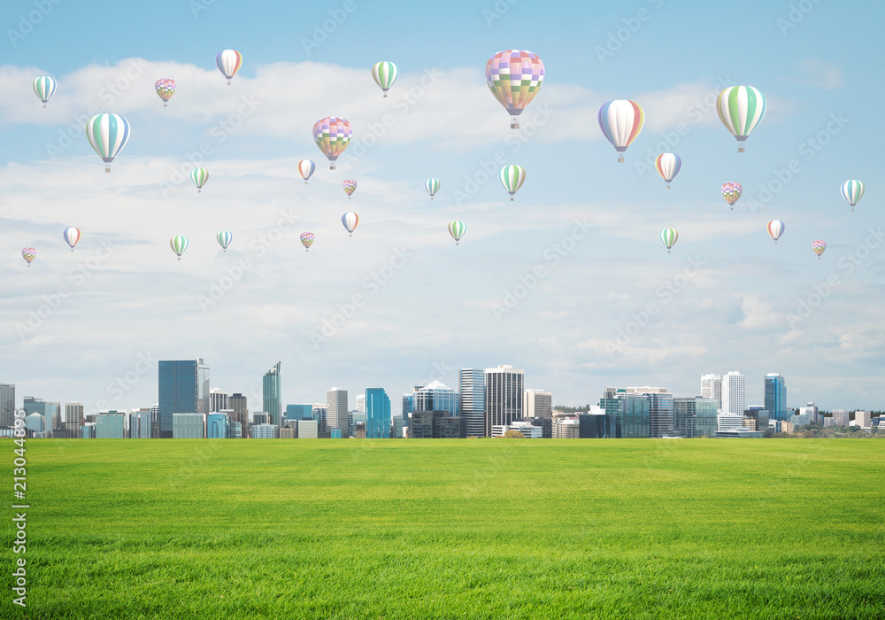 浮空器在城市上空飞行的生态绿色生活概念