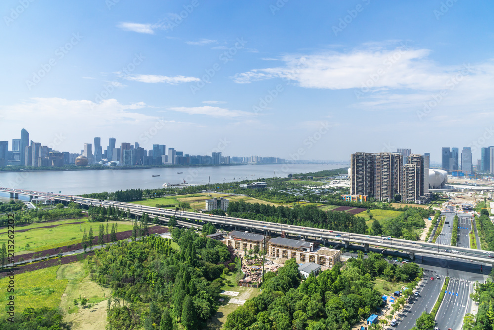 中国杭州城市天际线全景