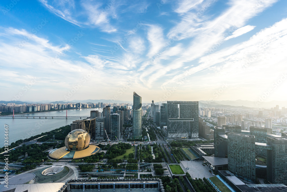 中国杭州城市天际线全景