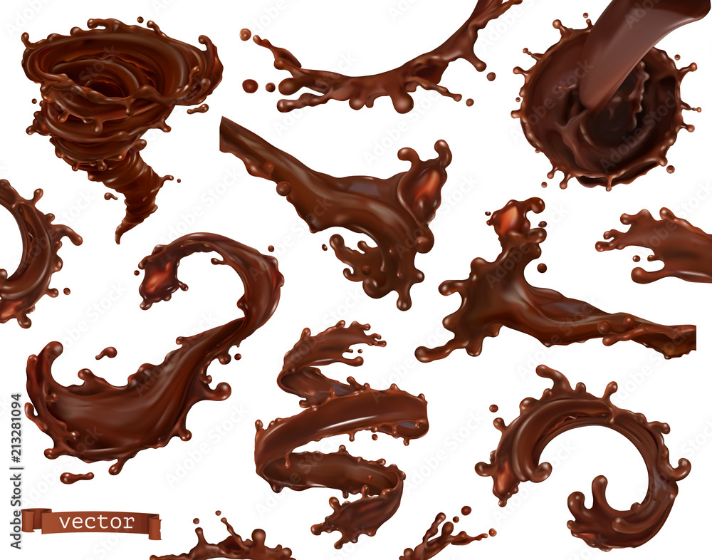 Chocolate splash. 3d realistic vector set