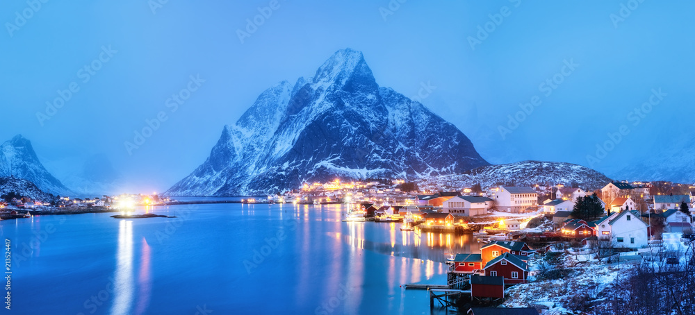 Sea bay in the Lofoten islands. Natural landscape during sunrise in the Norway