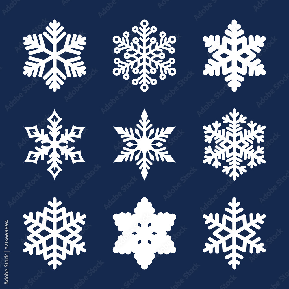 Vector set of 9 white snowflakes isolated on dark background. New year and Christmas design elements