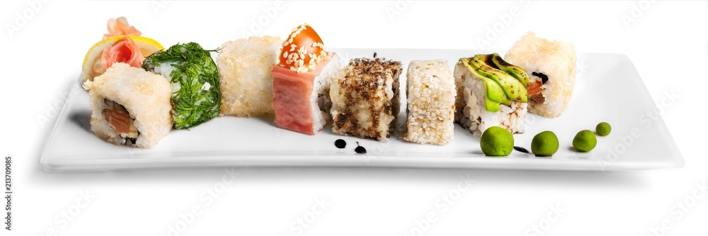 Sushi pieces collection, isolated on white background