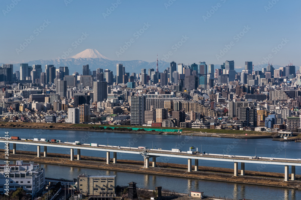 晴朗的日子里，东京城市景观、东京市中心建筑和东京塔地标与富士山