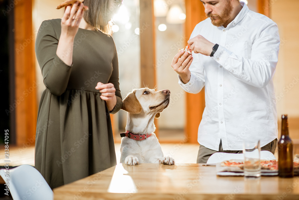 Cute dog dining with couple at the table near the house during the evening light outdoors