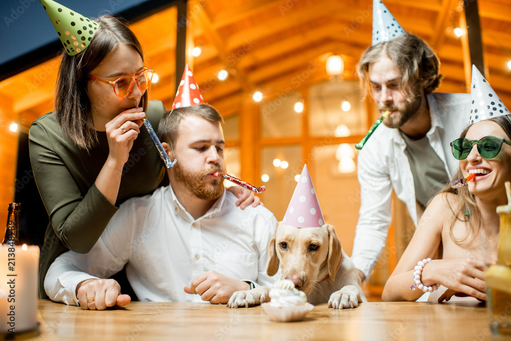 Friends celebrating dogs birthday with cake at the table on the backyard of the house in the evenin