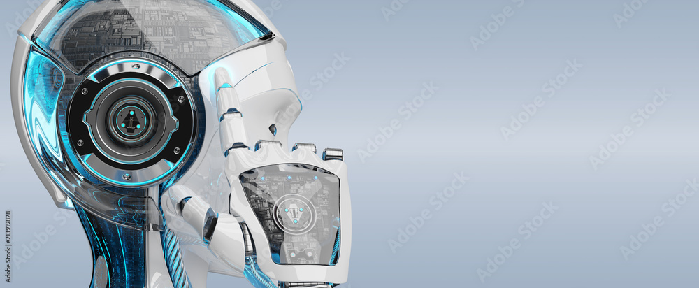 White woman cyborg thinking and touching her head 3D rendering